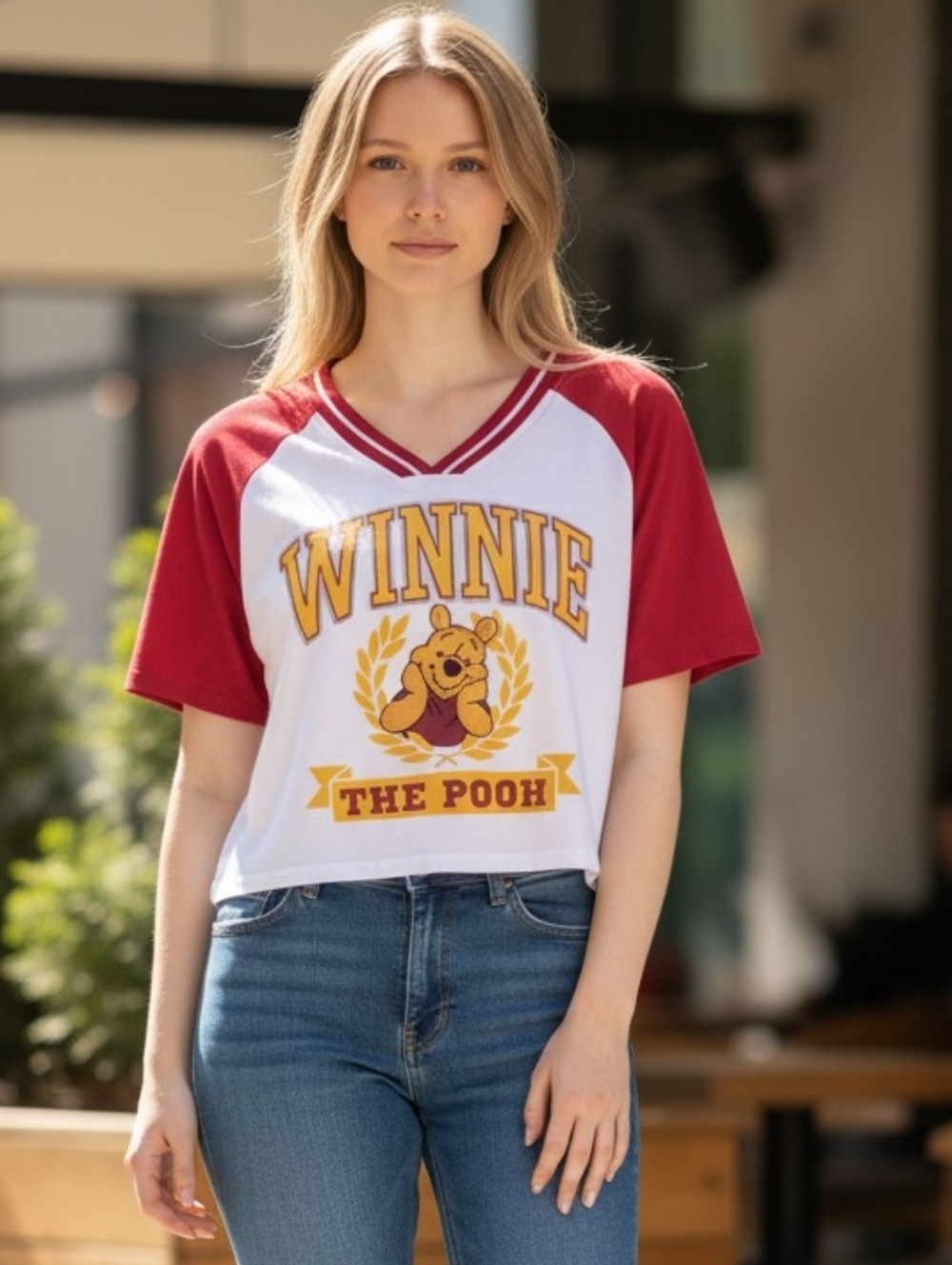 Disney White Crop Tee with Red Raglan Sleeves and Striped Neckline